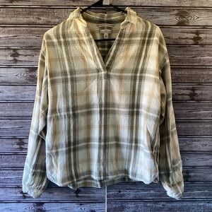 LL Bean Signature Women's‎ Long-Sleeved Top Size S Flannel Plaid Tab Sleeves